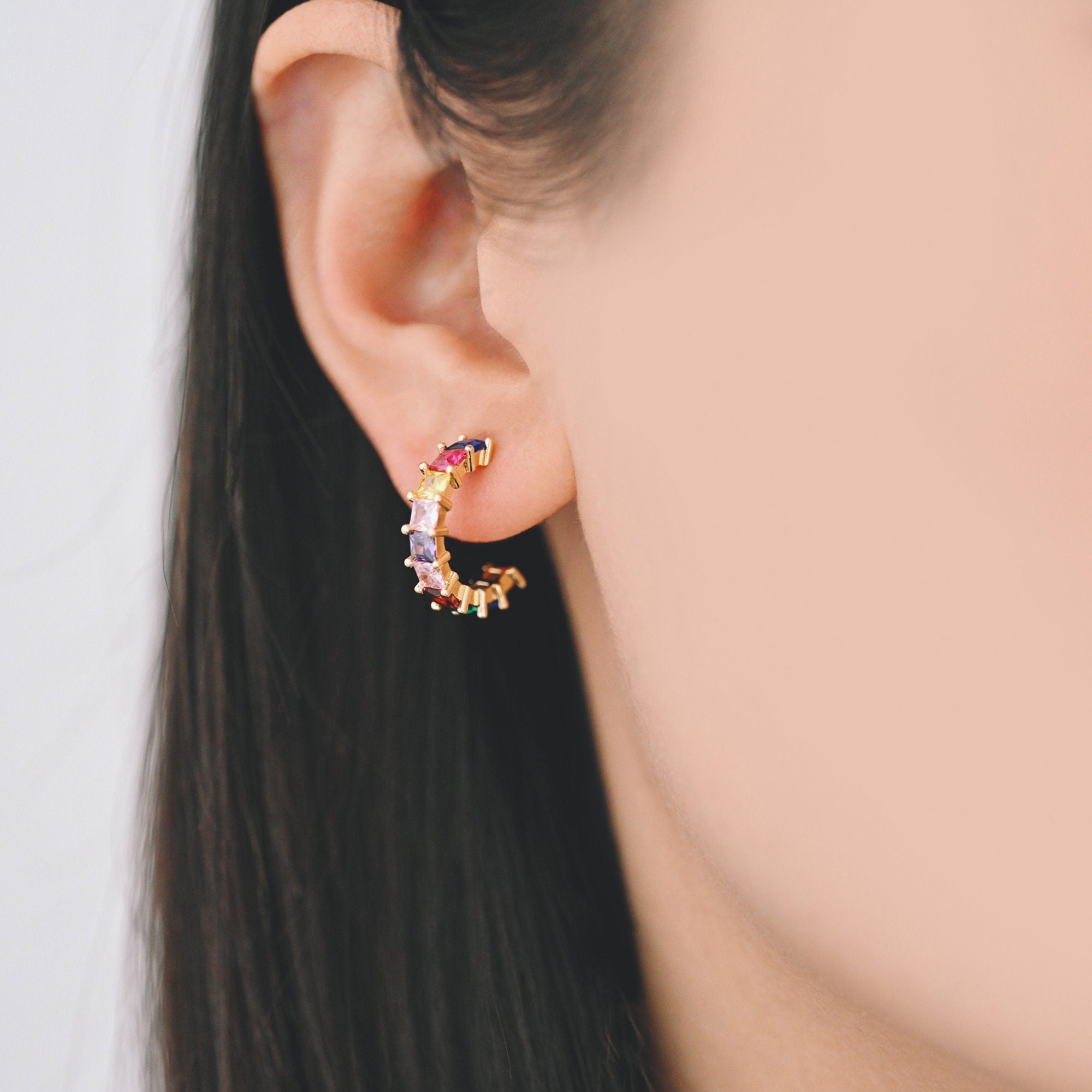 4pcs Gold Colourful CZ Pave Earring Hooks 18mm, 18K Gold plated Brass Earwires (GB-1384)